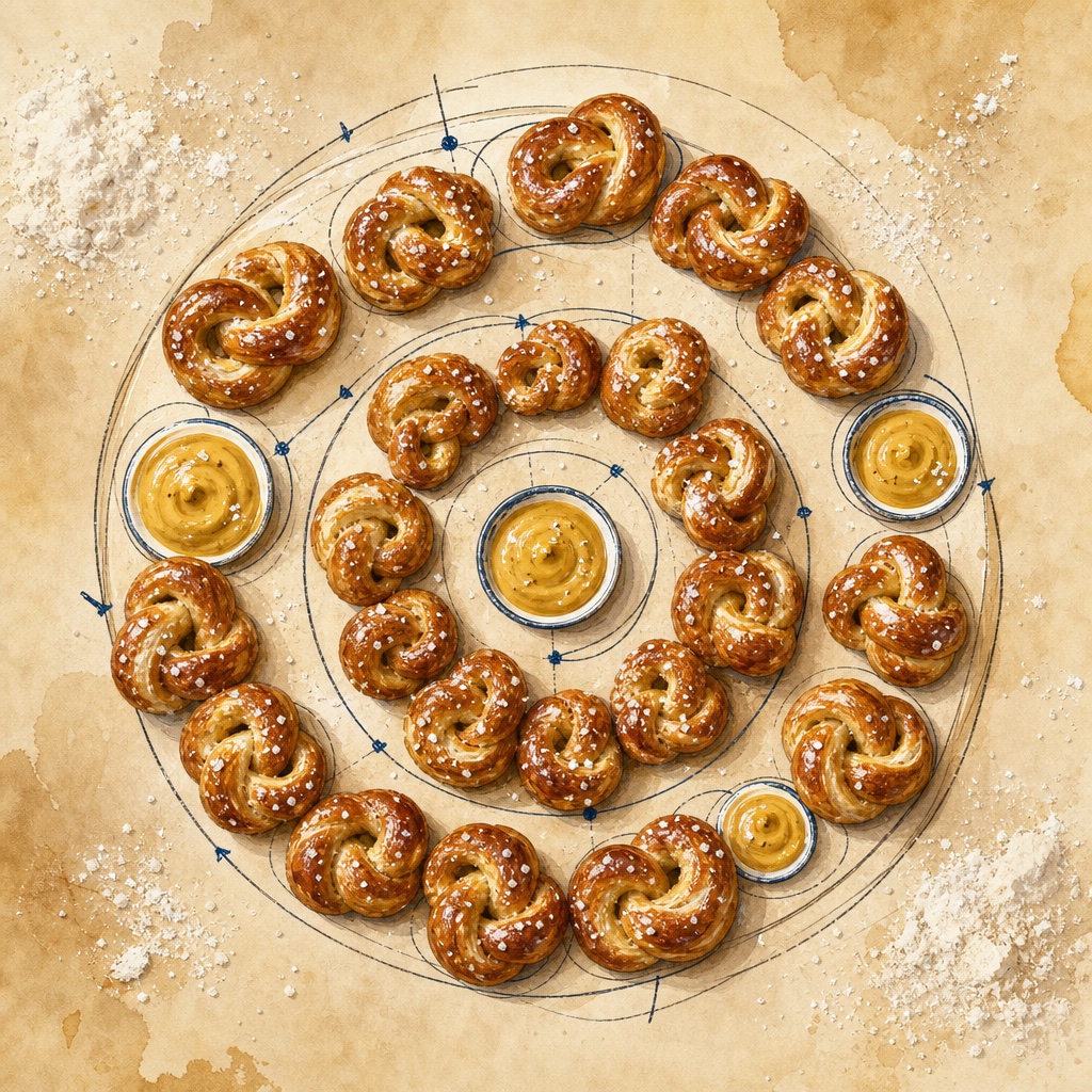 Original overhead illustration of mini pretzel party tray with dip cups