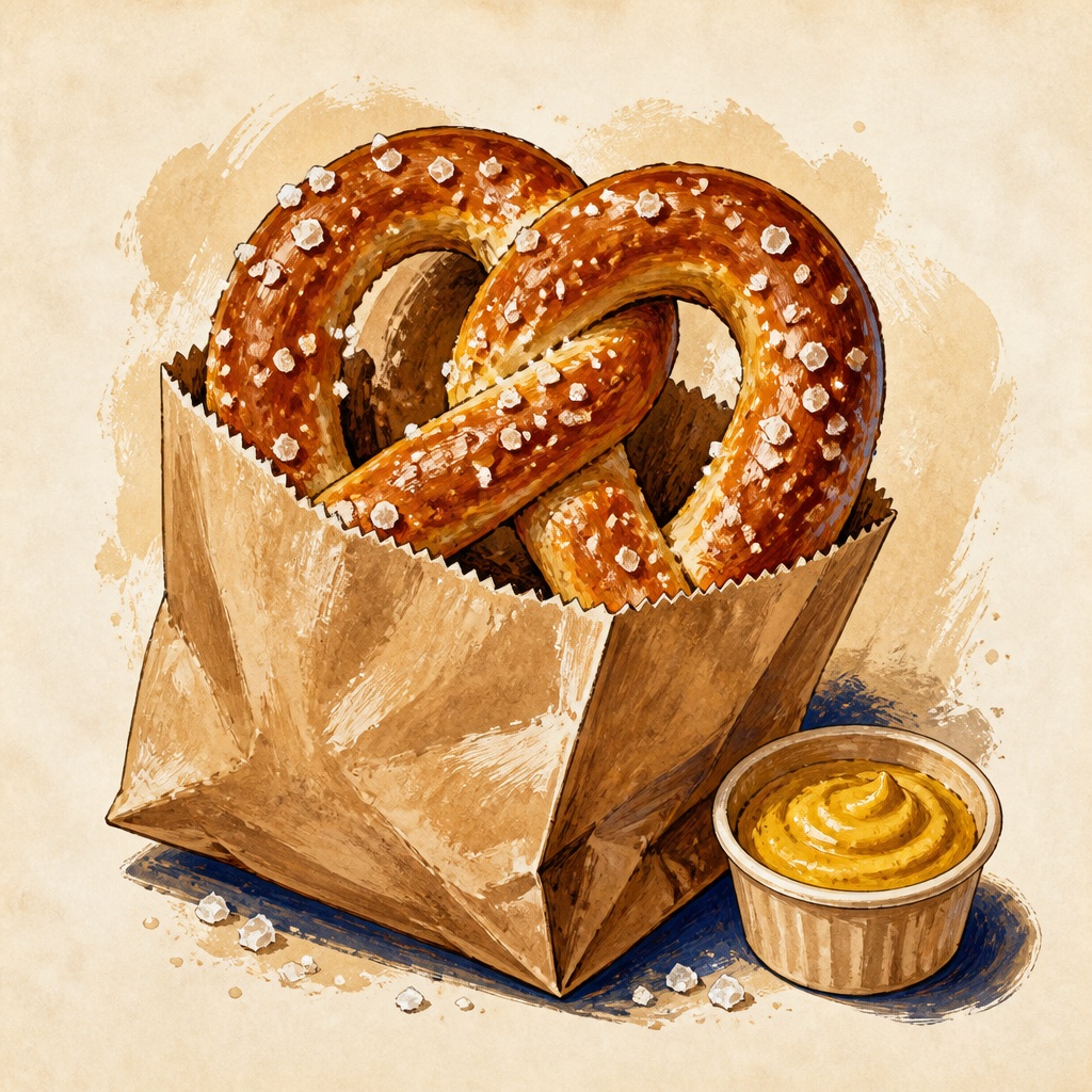 Original illustration of a soft pretzel in a brown paper bag with mustard