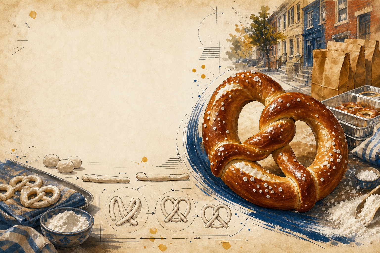 Original illustration of a hand-twisted soft pretzel, dough process marks, salt, brown bakery bags, and Philadelphia rowhouses